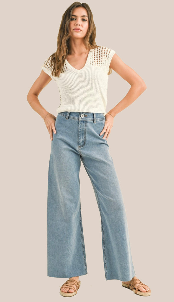 Miou Muse Straight Wide Leg Denim Pants- Faded Black