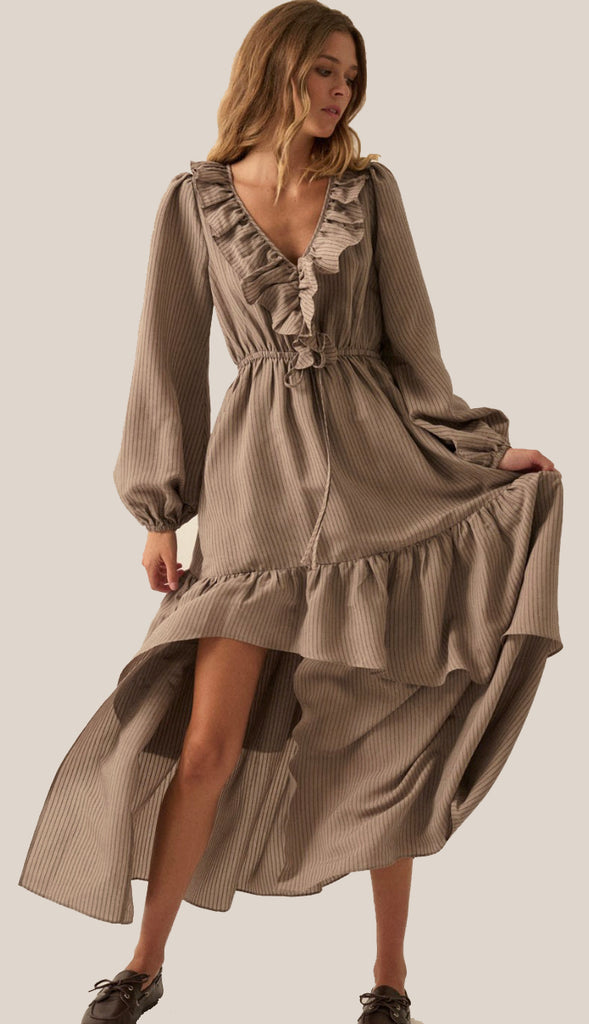 Picture Perfect Tonal Stripe Ruffled Maxi Dress- Espresso
