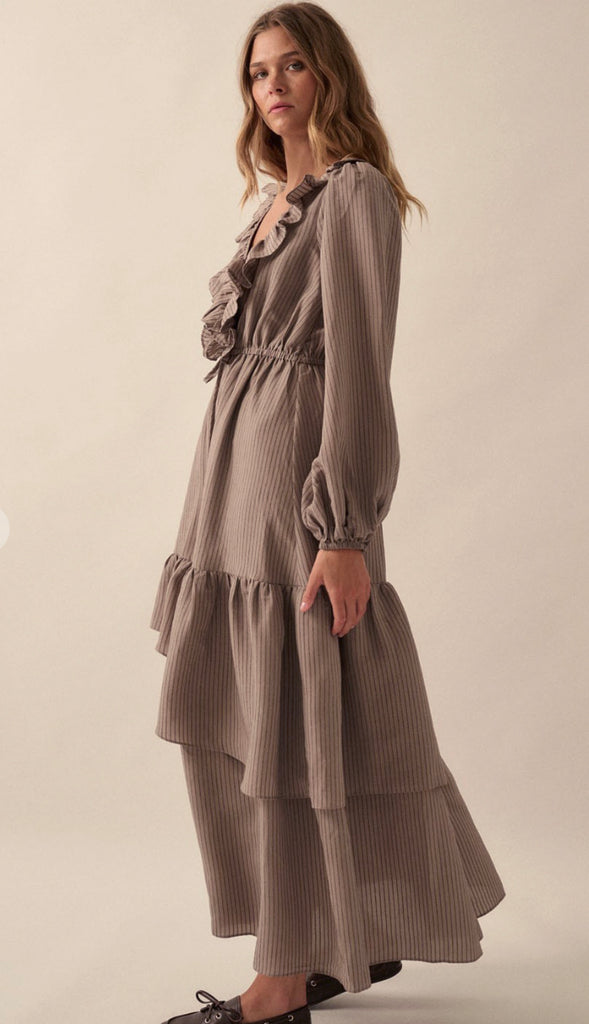 Picture Perfect Tonal Stripe Ruffled Maxi Dress- Espresso