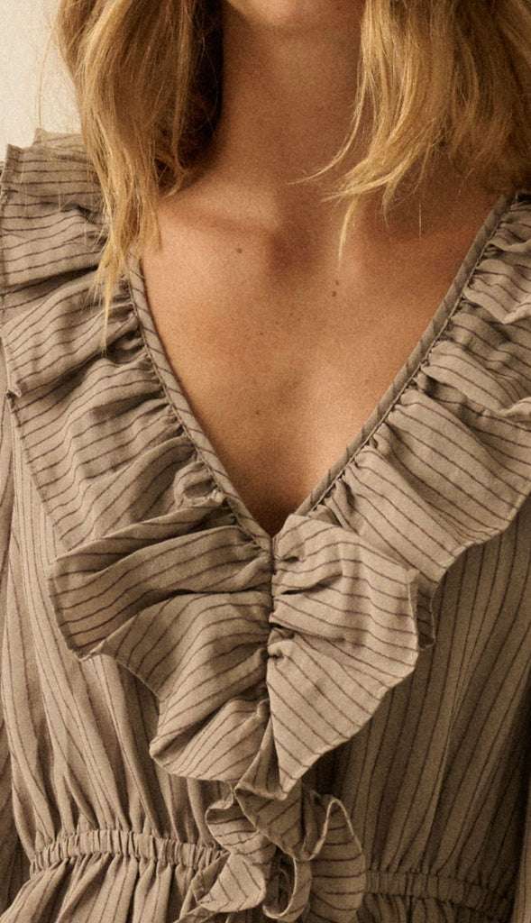 Picture Perfect Tonal Stripe Ruffled Maxi Dress- Espresso