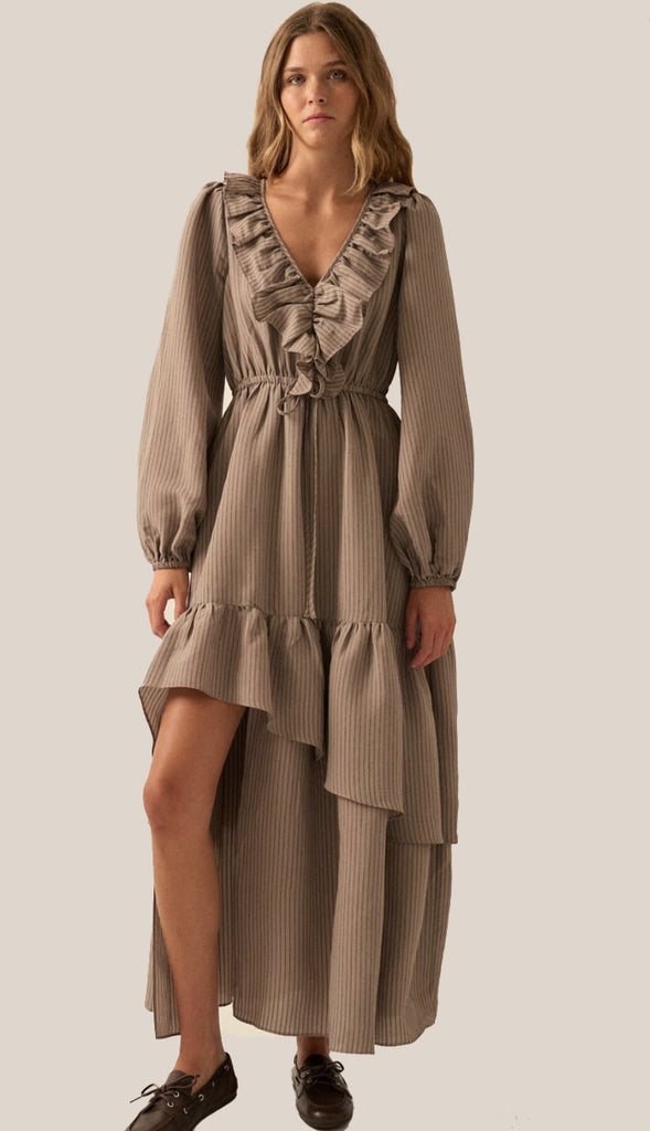 Picture Perfect Tonal Stripe Ruffled Maxi Dress- Espresso