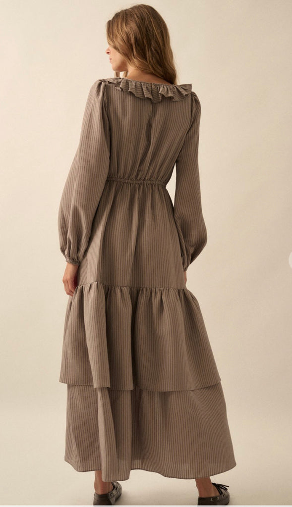 Picture Perfect Tonal Stripe Ruffled Maxi Dress- Espresso