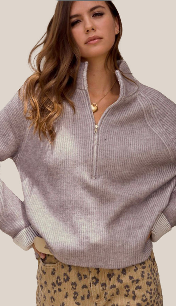 Spring Day Zipper Knit Zip Sweater- Mocha Mousse