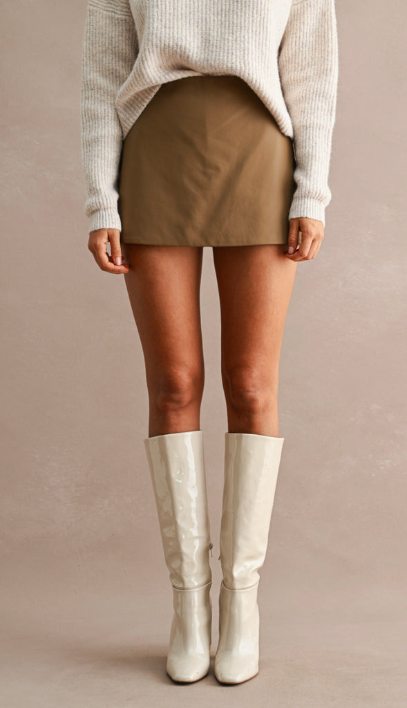 Faux Leather High Waist Mini Skirt-Mocha