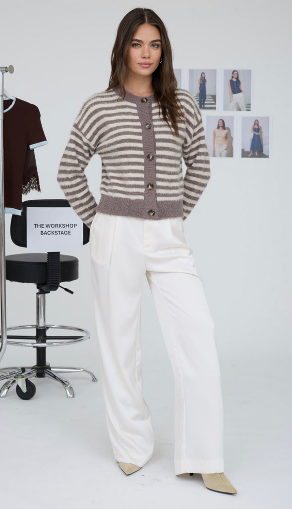 Delia Fuzzy Knit Stripe Cardigan- Mocha
