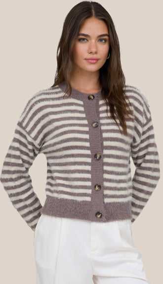 Delia Fuzzy Knit Stripe Cardigan- Mocha