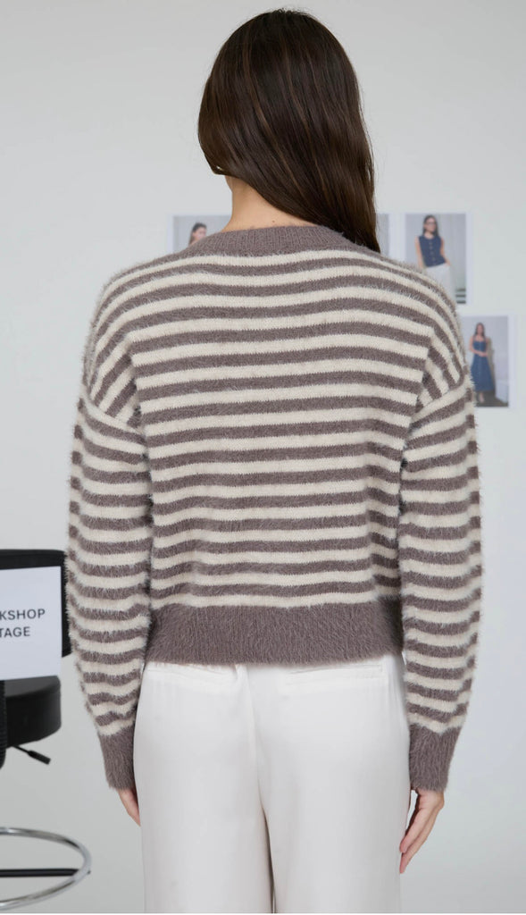 Delia Fuzzy Knit Stripe Cardigan- Mocha