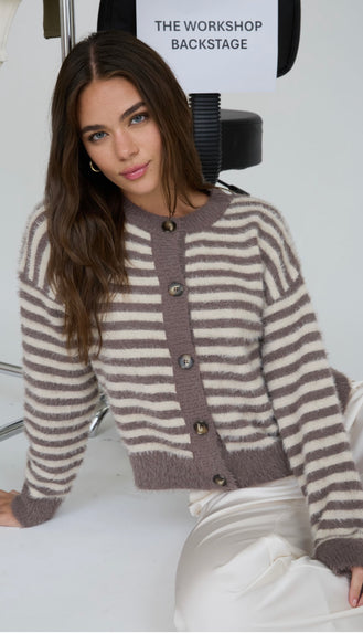 Delia Fuzzy Knit Stripe Cardigan- Mocha