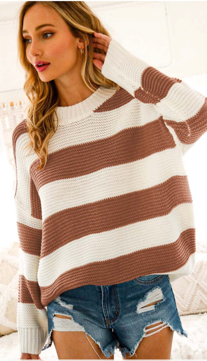Clara Chunky Knit Stripe Sweater- Burgundy
