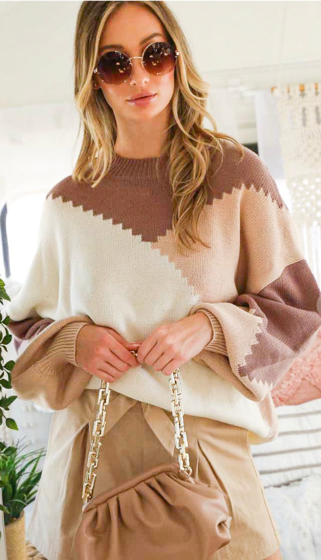 Zig To Zag Color Block Sweater- Mocha/Taupe