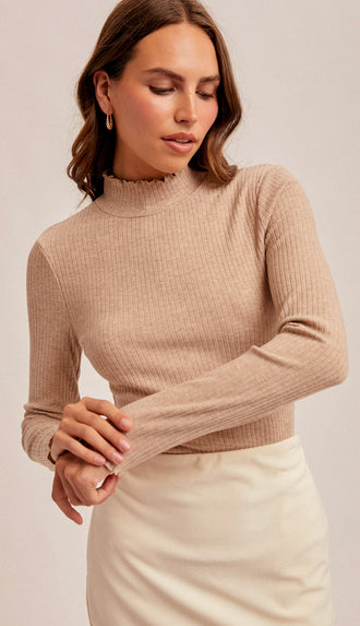 Tala Lettuce Edge Mock Neck Ribbed Top- Mocha Melange