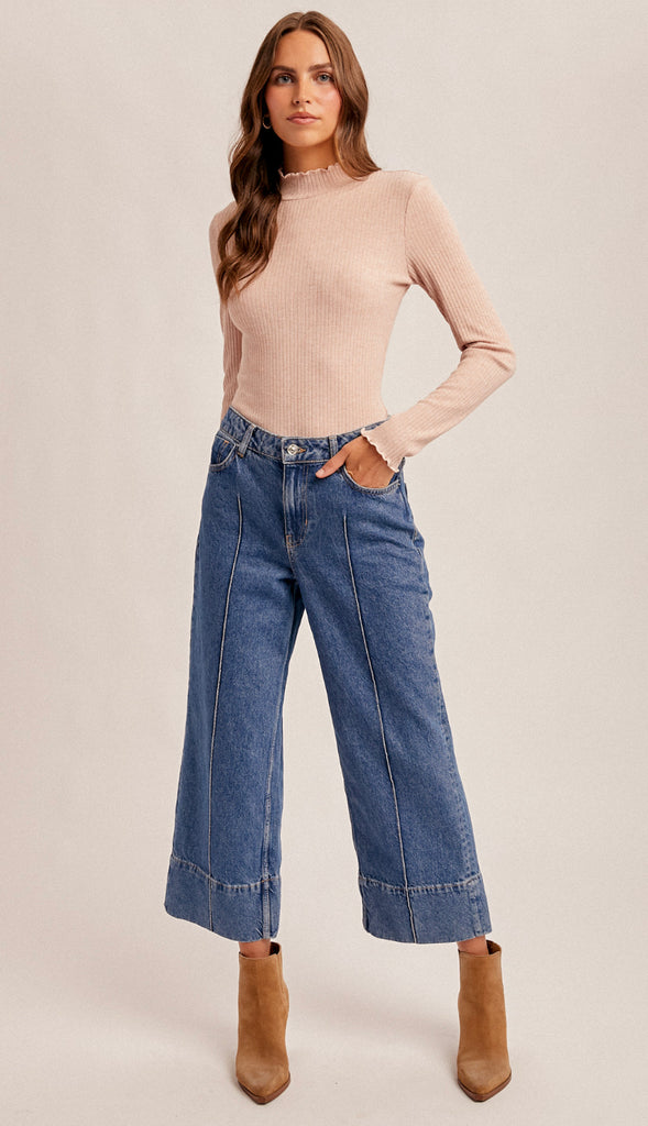 Tala Lettuce Edge Mock Neck Ribbed Top- Mocha Melange