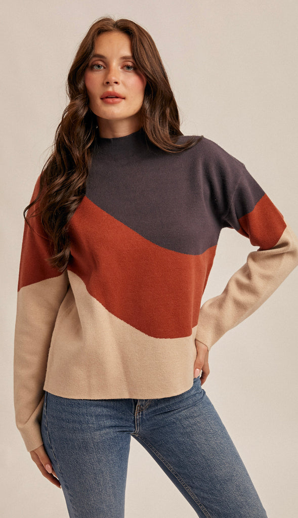 Cloey Mock Neck Sweater- Navy/Brick/Taupe