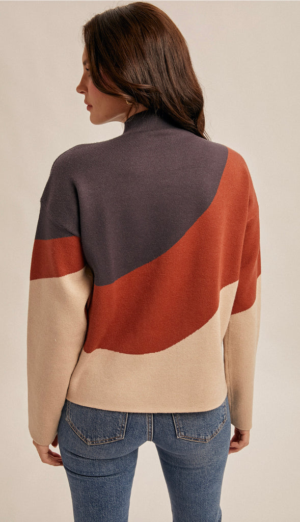 Cloey Mock Neck Sweater- Navy/Brick/Taupe