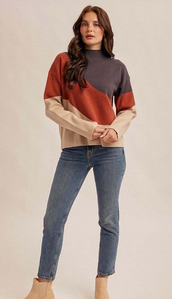 Cloey Mock Neck Sweater- Navy/Brick/Taupe