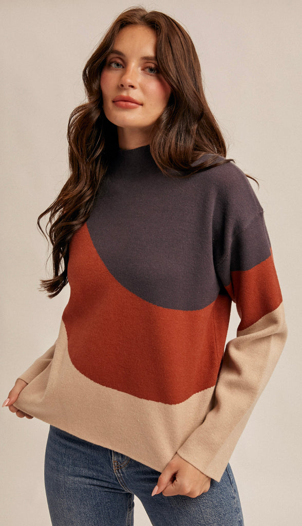 Cloey Mock Neck Sweater- Navy/Brick/Taupe