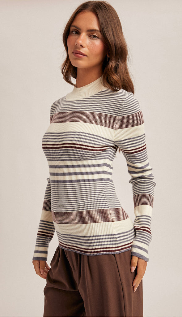 Eva Variegated Stripe Mock Neck Rib Sweater- Black/Must