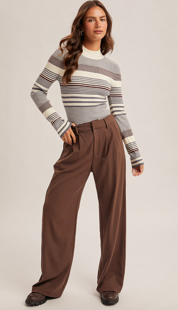 Eva Variegated Stripe Mock Neck Rib Sweater- Black/Must