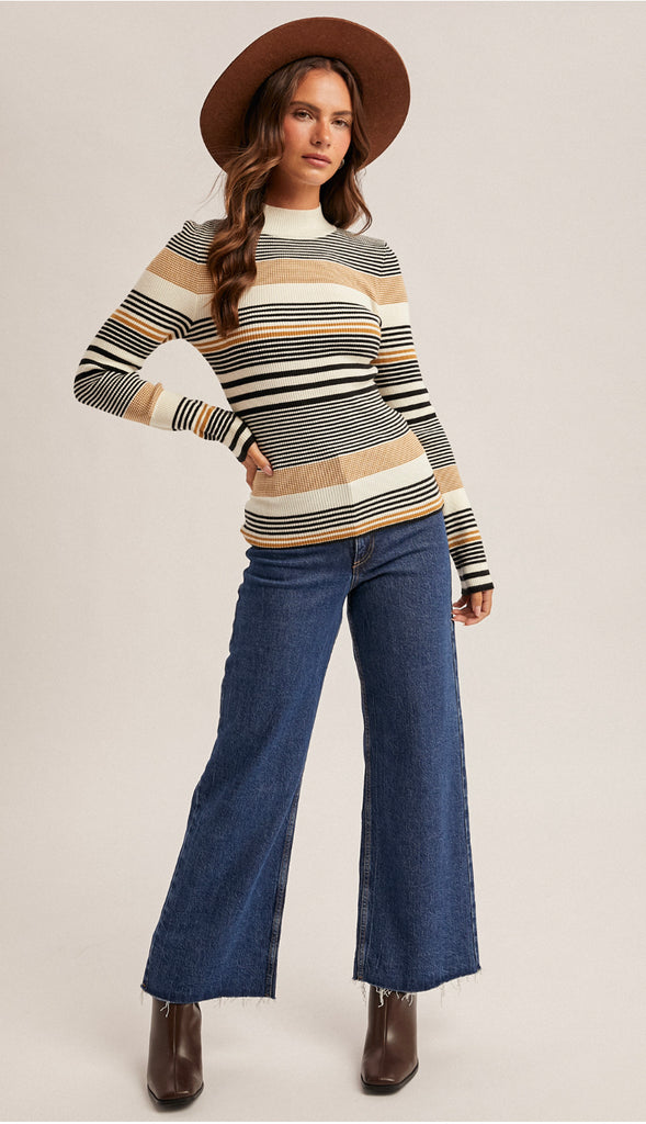 Eva Variegated Stripe Mock Neck Rib Sweater- Eggplant/Blue