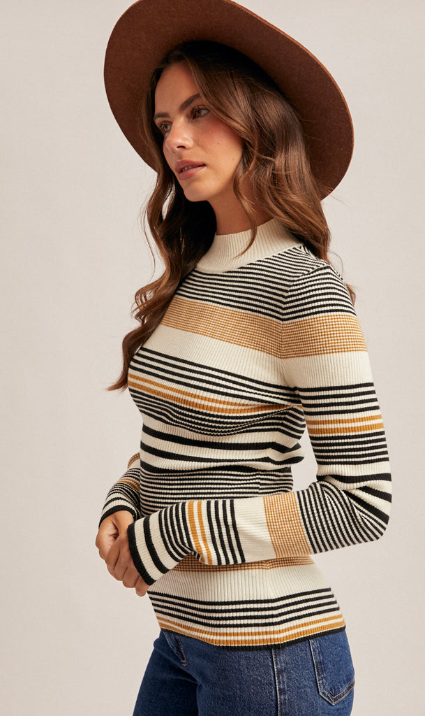 Eva Variegated Stripe Mock Neck Rib Sweater- Black/Must