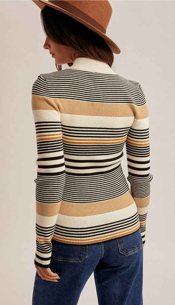 Eva Variegated Stripe Mock Neck Rib Sweater- Black/Must