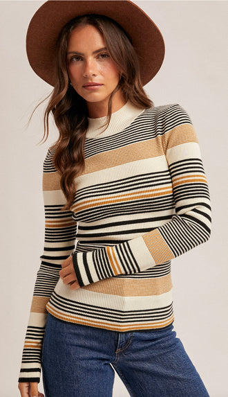 Eva Variegated Stripe Mock Neck Rib Sweater- Black/Must