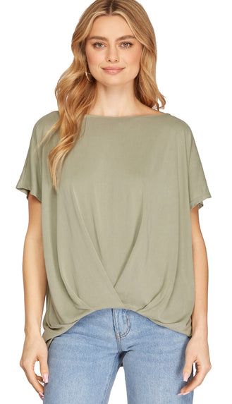 Lynnly Pleated Front Casual Top- Light Olive