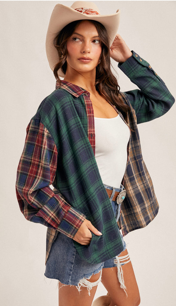 Mixed Plaid Button Down Shirt- Navy Multi