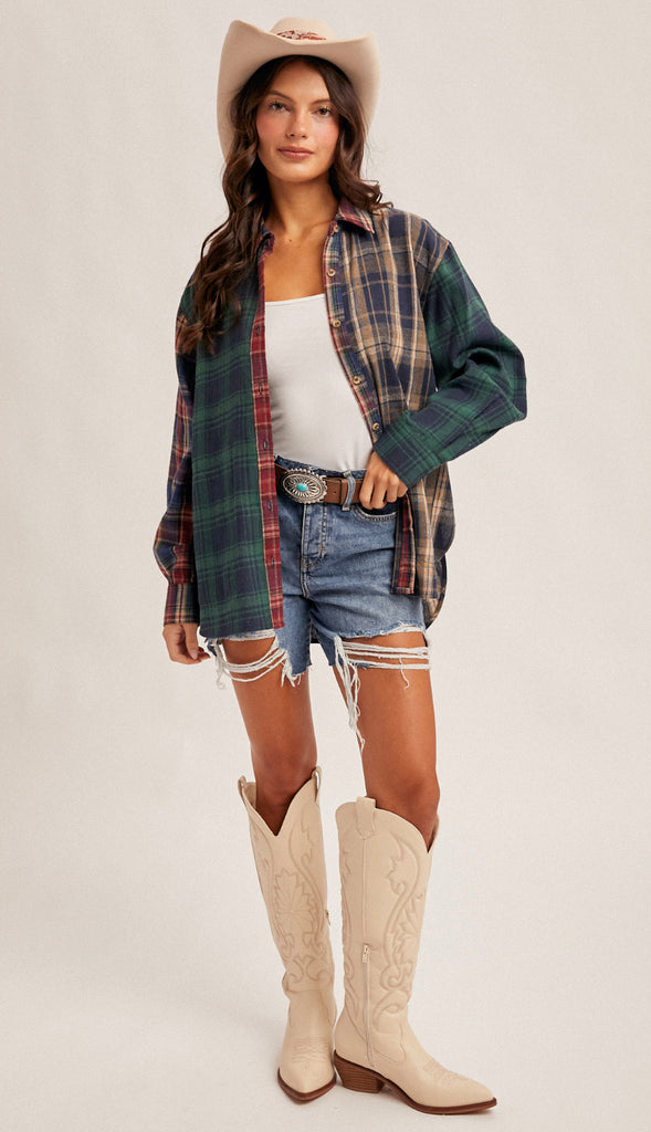 Mixed Plaid Button Down Shirt- Navy Multi