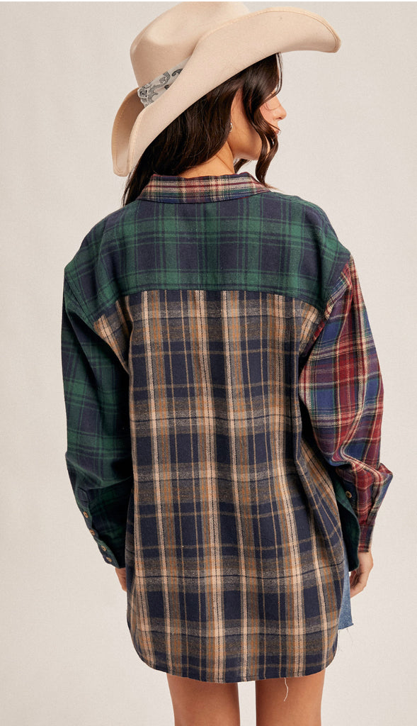 Mixed Plaid Button Down Shirt- Navy Multi