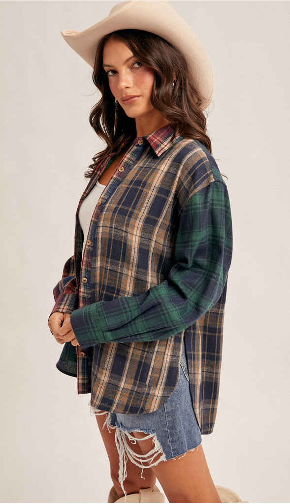 Mixed Plaid Button Down Shirt- Navy Multi