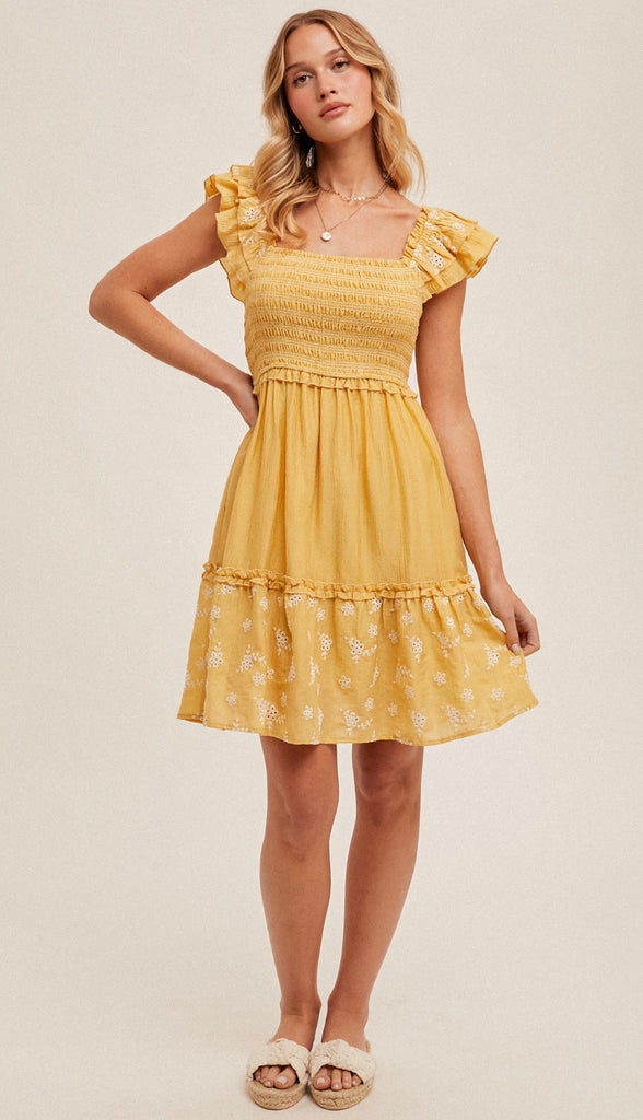 Sunflower Fields Flutter Sleeve Smocked Dress- Mustard