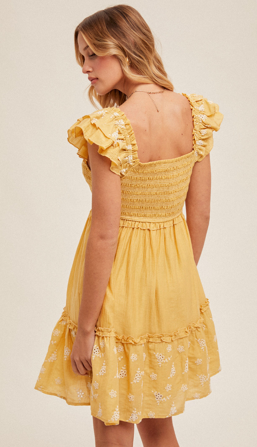 Sunflower Fields Flutter Sleeve Smocked Dress- Mustard Sunflower Fields Flutter Sleeve Smocked Dress- Mustard