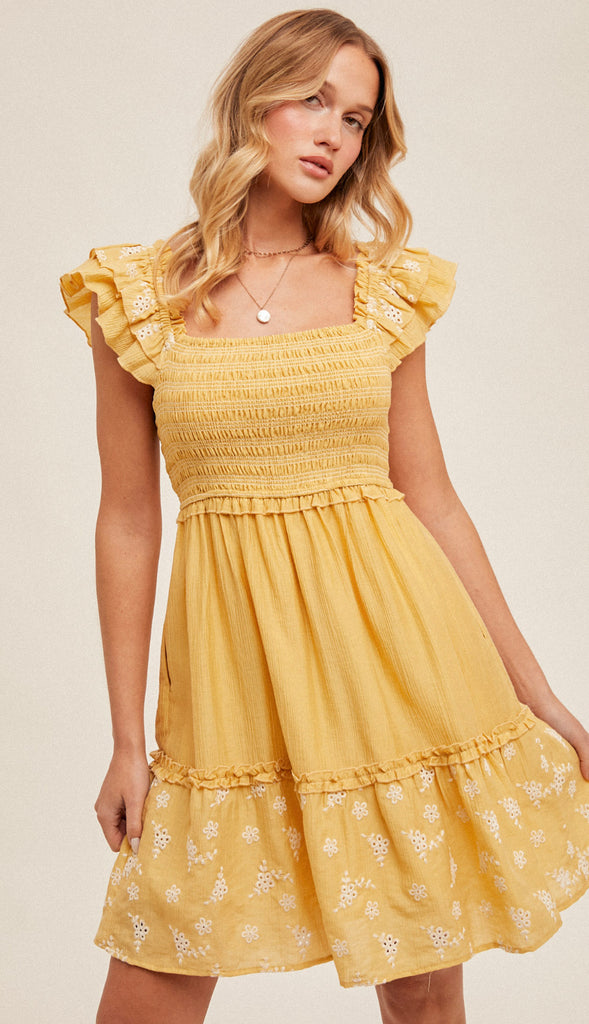 Sunflower Fields Flutter Sleeve Smocked Dress- Mustard