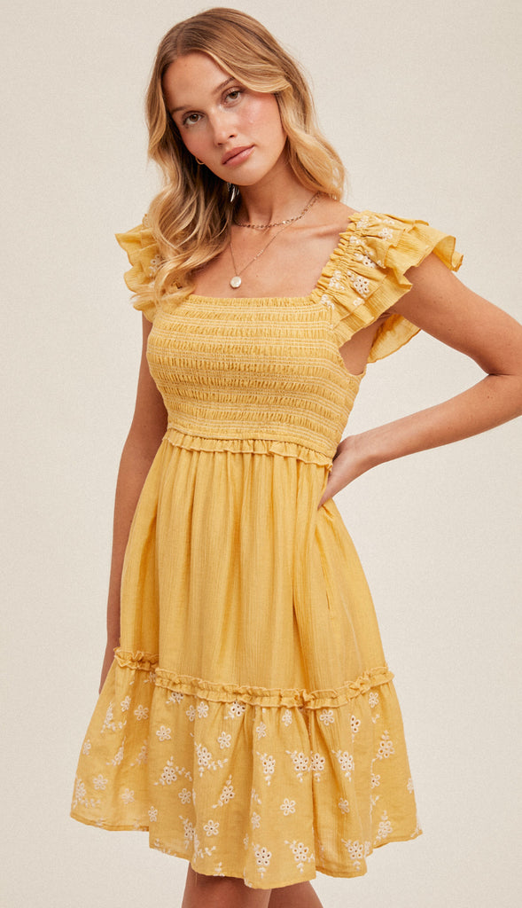 Sunflower Fields Flutter Sleeve Smocked Dress- Mustard