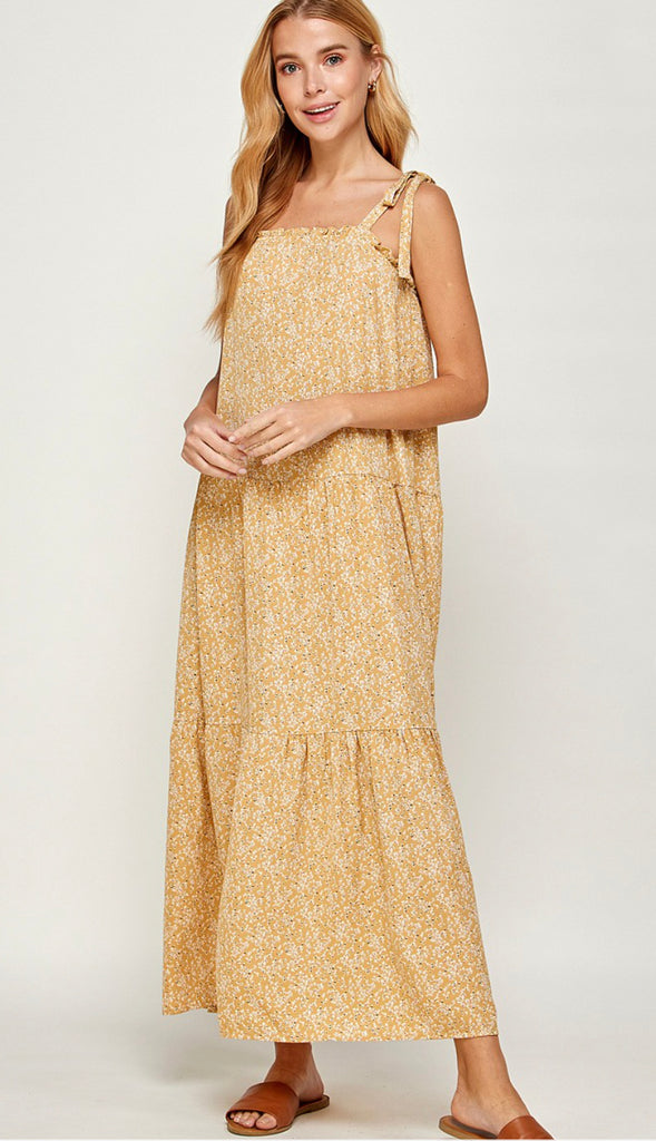 Juniper Floral Tie Shoulder Maxi Dress- Mustard