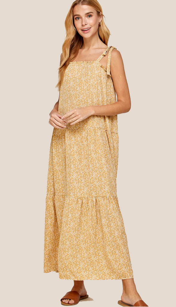 Juniper Floral Tie Shoulder Maxi Dress- Mustard
