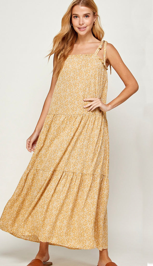 Juniper Floral Tie Shoulder Maxi Dress- Mustard
