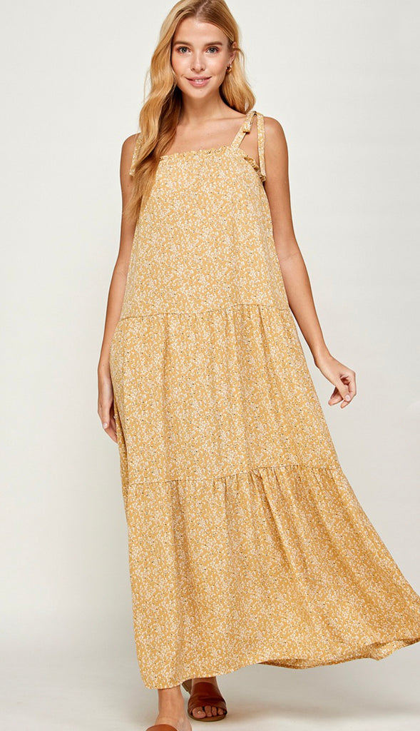 Juniper Floral Tie Shoulder Maxi Dress- Mustard