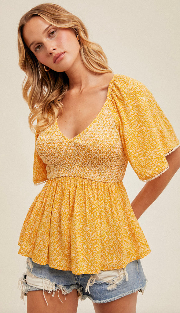 Ray Of Sunshine Flutter Sleeve Peplum Top- Mustard