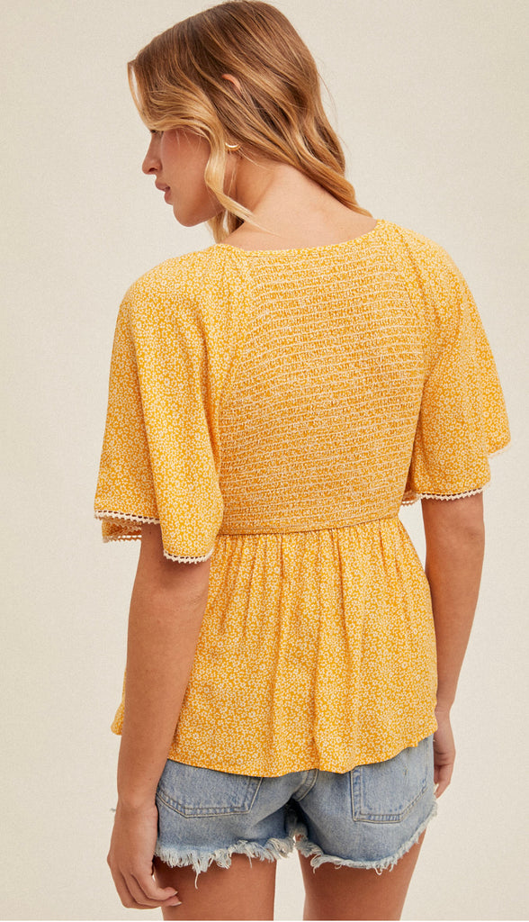 Ray Of Sunshine Flutter Sleeve Peplum Top- Mustard