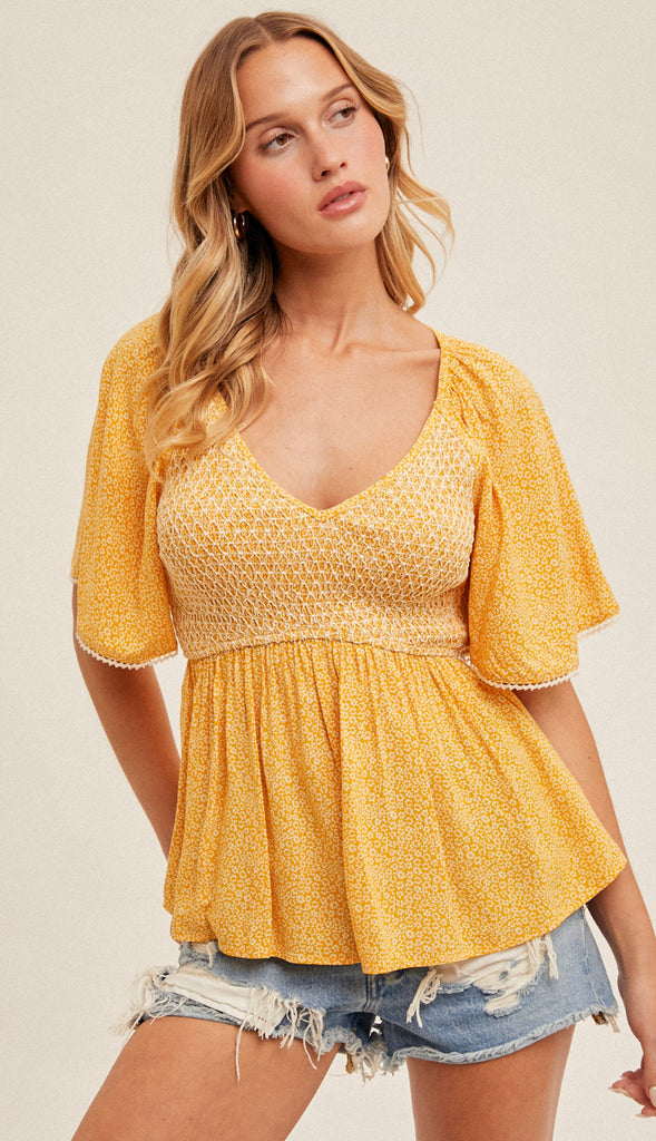 Ray Of Sunshine Flutter Sleeve Peplum Top- Mustard