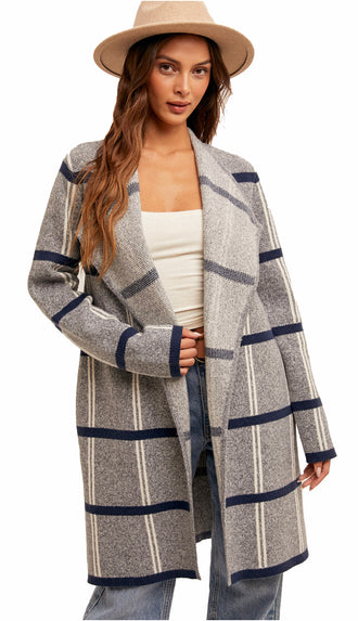 Rebecca Drape Neck Check Coatigan- Navy