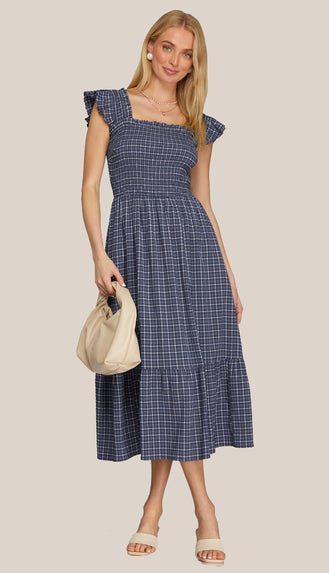 Lydia Ruffle Strap Check Smocked Midi Dress- Navy