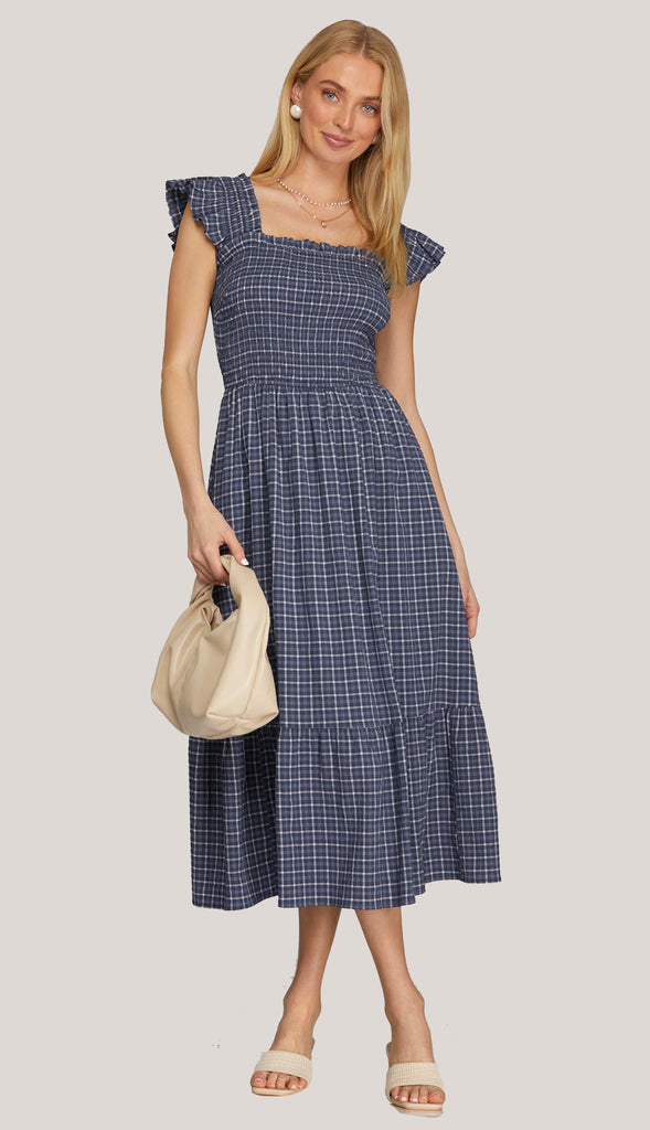 Lydia Ruffle Strap Check Smocked Midi Dress- Navy