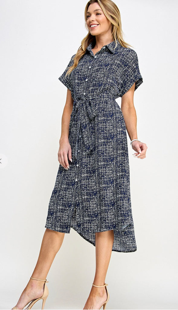 Nila Button Down Tie Waist Cap Sleeve Midi Dress- Navy