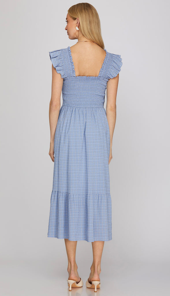 Lydia Ruffle Strap Check Smocked Midi Dress- Navy