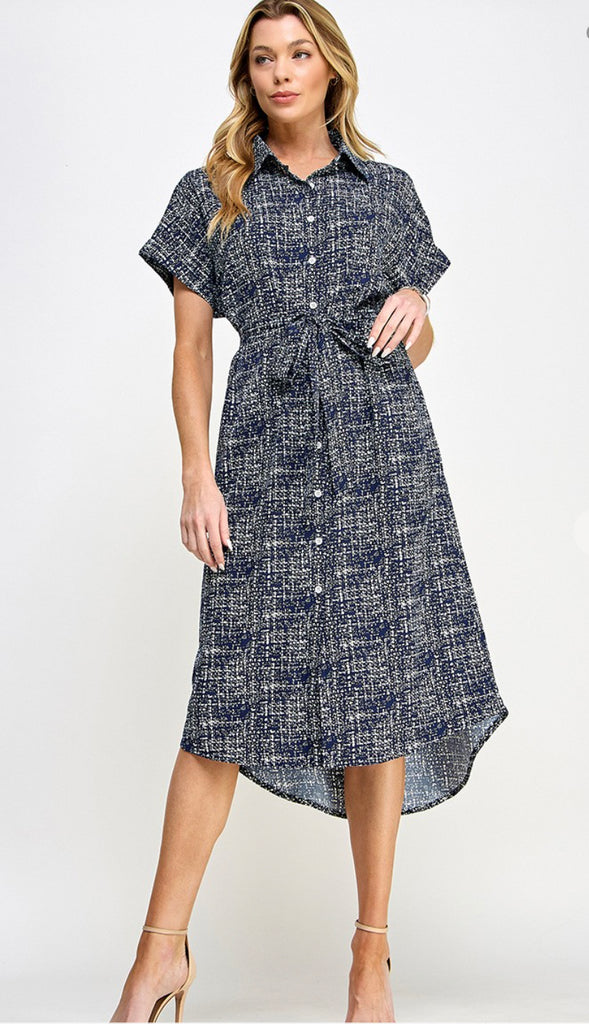 Nila Button Down Tie Waist Cap Sleeve Midi Dress- Navy