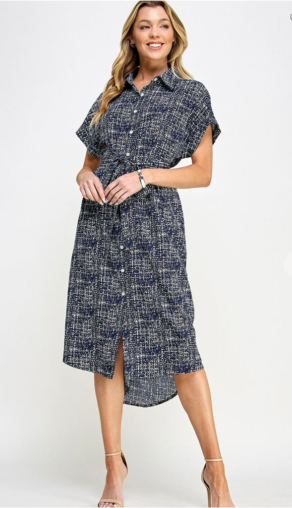 Nila Button Down Tie Waist Cap Sleeve Midi Dress- Navy