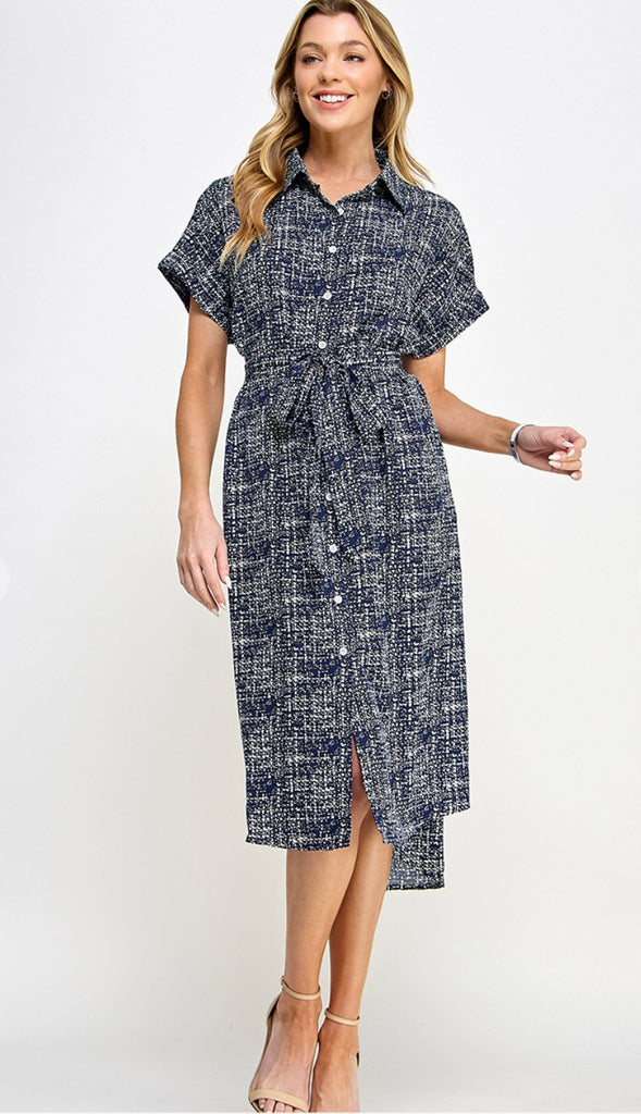 Nila Button Down Tie Waist Cap Sleeve Midi Dress- Navy